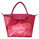 Bolso plegable icónico 90s Longchamp (M) Logotipo rosa caramelo de cuero y PVC. (fucsia)