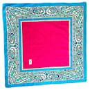 Yves Saint Laurent Square 80s fuchsia cotton voile, turquoise, blanc, green floral pattern.