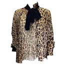 Sacai Tan / brown / Black / Navy Blue Velvet Tie-Neck Pleated Leopard Printed Satin and Crepe Blouse