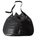 Saint Laurent Medium Paris VII Hobo Croc Effect Bag in Black Leather