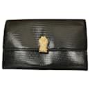Gianfranco Ferre Black Lizard Leather Flap Top Clutch Bag Goldtone Lion Paw - Gianfranco Ferré
