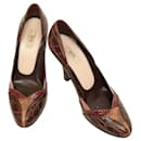 Prada Burgundy Brown Reptile Embossed Leather Round Toe Pumps Heels Shoes 37