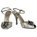 PRADA Silver Leather & Sequins Peep Toe Strappy Sandals Heels Shoes - Sz 39.5 - Prada