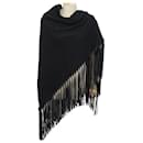 NEW HERMES TRIANGLE STOLE WITH FRINGES IN CHALE BLACK CASHMERE LEATHER & WOOL - Hermès