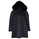 Miu Miu Long Down Coat with Fur Hood in Navy Blue Nylon