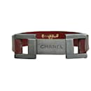Chanel Red Metal Logo and Leather Bracelet