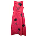 Vestido sem mangas com enfeites florais Oscar de la Renta em seda vermelha
