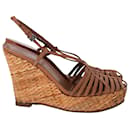 Prada Platform Straw Wedge Sandals in Brown Leather