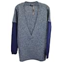 Etro Two-Toned V-Front Sweater in Blue Wool and Cashmere