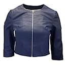 Susan Bender Blue Cropped Collarless Full Zip Leather Jacket - Autre Marque