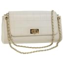 CHANEL Choco Bar line Chain Shoulder Bag Leather White CC Auth bs10047 - Chanel