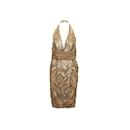 Goldenes Elie Saab Neckholder-Kleid aus Seide mit Pailletten und Perlen, Größe M