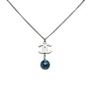 Silver Chanel CC Faux Pearl Pendant Necklace