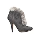 Silver & Grey Christian Dior Fur-Trimmed Heeled Booties Size 38.5