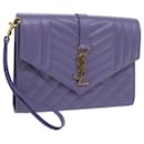 SAINT LAURENT V Stitch Clutch Bag Leather Purple Auth yk9445A - Saint Laurent