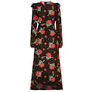 Rodarte Black / Red Ruffled Rose Printed Silk Midi Dress - Autre Marque