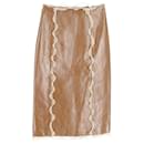 Fendi Silk-Ruffled Pencil Skirt In Brown Crackled Leather 