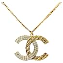 CC B17C Logo Aged gold GHW crystal Necklace in box tag - Chanel