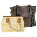 BURBERRY Hand Bag Leather Canvas 2Set Brown White yellow Auth bs9103 - Burberry