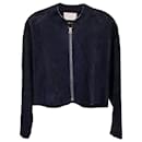 Sandro Paris Cutout Bomber Jacket in Navy Blue Goat Leather