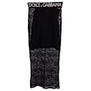 Dolce & Gabbana Jupe mi-longue en dentelle à taille logo en polyamide noir