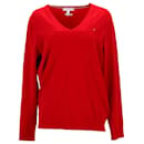 Tommy Hilfiger Suéter feminino Heritage com decote em V em algodão vermelho