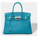 Bolsa HERMES BIRKIN 30 em couro azul - 101624 - Hermès