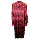 Ganni Collared Printed Midi Dress in Red Silk