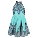 Zimmermann Moncur Ruffle-Neck Printed Mini Dress in Turquoise Polyester