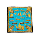 Bufanda de seda estampada con motivo Hermes Jonques et Sampans en verde azulado y dorado - Hermès