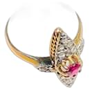 Antique 18 carat rose gold ring set with diamonds and a red glass. - Autre Marque