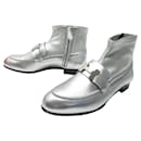 NEW HERMES ANKLE BOOTS SAINT HONORE 35 SILVER LEATHER + SHOES BOX - Hermès