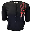 Valentino black / Red Lipstick Lips Applique Short Sleeved Knit Cardigan Sweater - Autre Marque