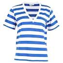 Camiseta Ganni listrada com decote em V em algodão azul e branco