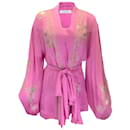 Conjunto de dos piezas de camisola y bata de seda con cinturón y ribete de encaje rosa de Carine Gilson - Autre Marque