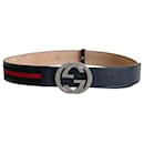 Gucci Web palladium belt in blue leather and canvas