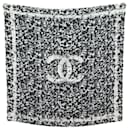 CHANEL SCARF LOGO CC DECORATION BLACK AND WHITE TWEED SQUARE 90 SILK SCARF - Chanel