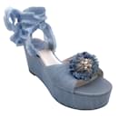 Rene Caovilla Blue Embellished Denim Ankle Wrap Platform Sandals - Autre Marque