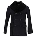 Burberry London Bateson Pea Coat With Shearling Collar in Navy Blue Viscose