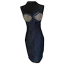 MARCIANO blue denim bustier midi dress, cups studded with silver studs, - Marciano