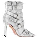 Aquazzura Glitter Buckled Heeled Ankle Boots in Silver Canvas
