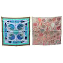 LOT OF FOULARD HERMES TATERSALE & THE TREE OF LIFE GAVROCHE SILK BLUE SILK SCARF - Hermès