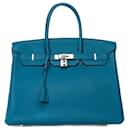 Bolsa HERMES BIRKIN 35 em couro azul - 101733 - Hermès