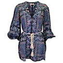 Ulla Johnson Mini abito copricostume stampato con cintura Nerissa in viscosa di cotone blu