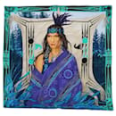 HERMES CARRE 90 WAKO NI Scarf Silk Purple Turquoise Blue Auth 60779 - Hermès
