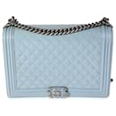 Chanel Light Blue Quilted Patent Leather Large Boy Bag