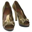 GUCCI High Heels Leather 37 Gold Tone Auth ti1487 - Gucci