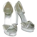 GUCCI High Heels Leather Metal 37.5 Silver Auth ti1486 - Gucci