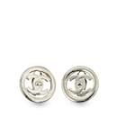 Silver Chanel CC Turn Lock Clip-On Earrings