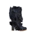 Navy Chloe Coyote Fur & Leather Mid-Calf Boots Size 37 - Chloé